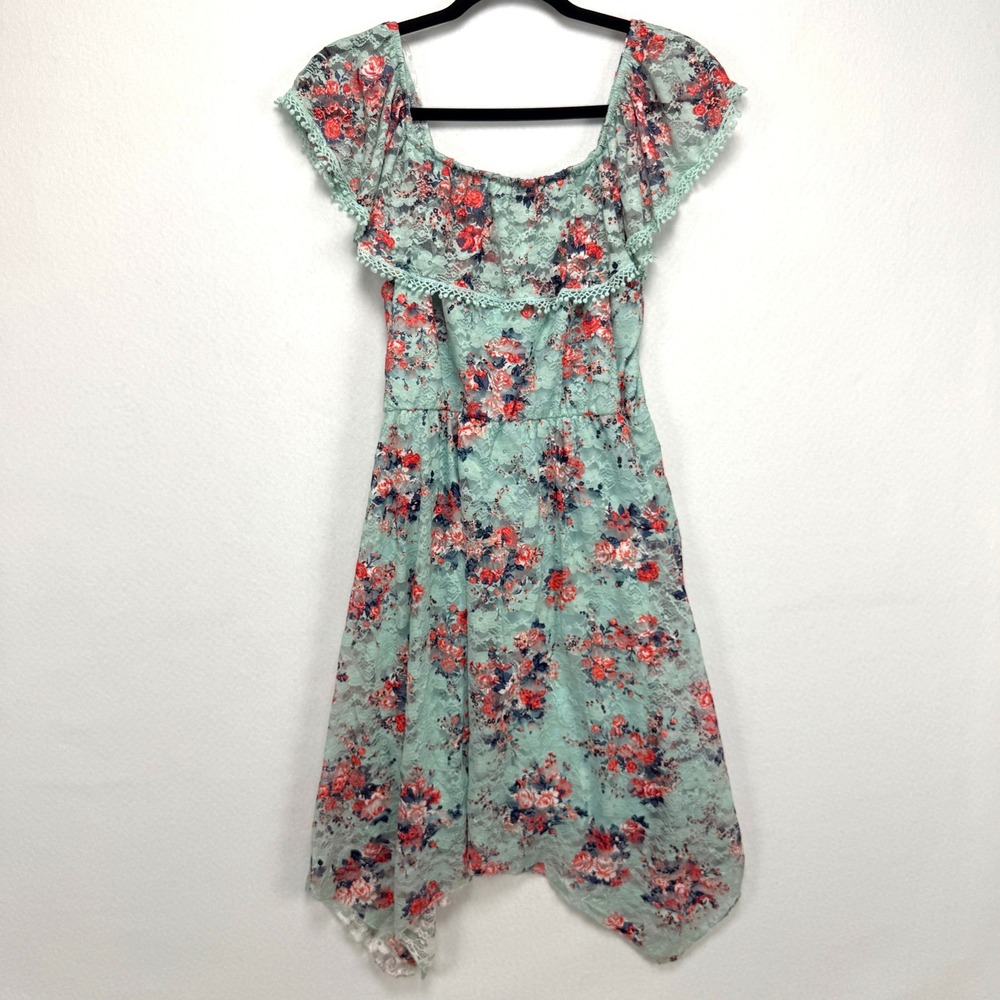 No Boundaries Floral Lace Handkerchief Hem Dress L Mint Green Boho Cottagecore